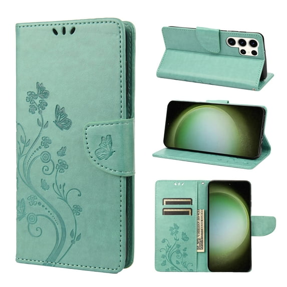 for Samsung Galaxy S25 Ultra Phone Case Wallet,Women Flip Folio Kickstand Cover with Credit Card Holders Emboss Butterfly Flower PU Leather Purse Wrist Strap Shockproof Case,Mint