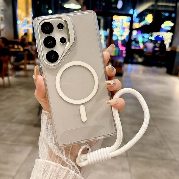 For Samsung Galaxy S25 Ultra Phone Case,With Contractile Lens Ring Kickstand,Compatible with Mag-Safe,Bling Glitter Transparent Back Design,With Wrist Strap,Ultra Slim Shockproof Phone Case,White