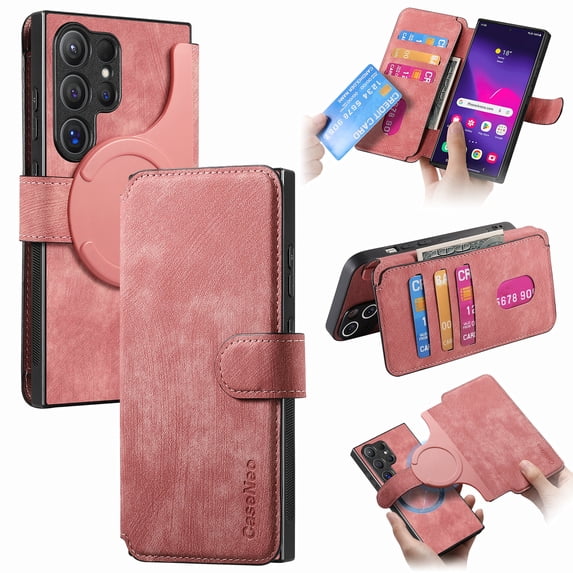 For Samsung Galaxy S25 Ultra Phone Cover Detachable Magnetic Front Case Hard PC Back Case Stand Feature Card Pocket & Credit Slot Shock-Absorbent Dustproof Wallet Phone Case for Men or Women, Pink