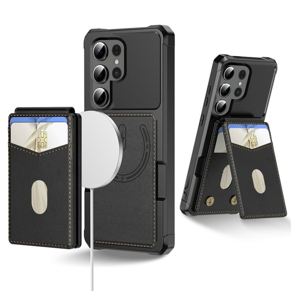 For Samsung Galaxy S25 Ultra Removable Card Holder Cover Compatible with Magsafe 2 in 1 Detachable Wallet Case Magnetic Luxury PU Leather RFID Blocking Back Flip Kickstand Shockproof Case,Black