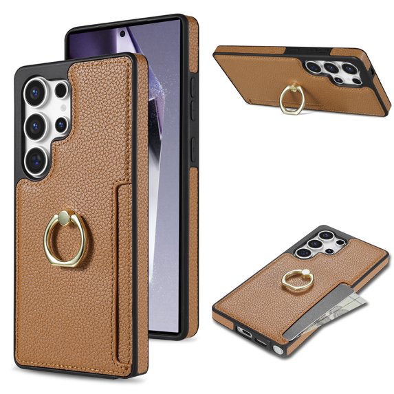 For Samsung Galaxy S25 Ultra Wallet Case with Card Holder, 360°Rotation Ring Holder Kickstand, Premium PU Leather RFID Blocking Card Pocket Protective Cover For Samsung Galaxy S25 Ultra, Brown