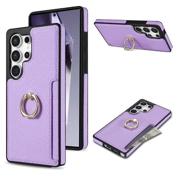 For Samsung Galaxy S25 Ultra Wallet Case with Card Holder, 360°Rotation Ring Holder Kickstand, Premium PU Leather RFID Blocking Card Pocket Protective Cover For Samsung Galaxy S25 Ultra, Purple