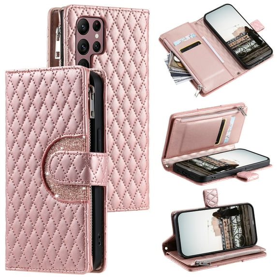 for Samsung Galaxy S25 Ultra Wallet Case, Classic PU Leather Phone Case for Women Men with Zipper Credit Card Holder Wrist Strap Crossbody Strap Shockproof Flip Case for S25 Ultra, Rosegold