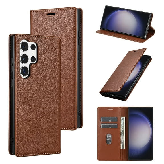 for Samsung Galaxy S25 Ultra Wallet Case with Credit Card Holder & Cash Pocket, Luxury PU Leather RFID Blocking Folio Flip Kickstand Magnetic Clasp Protective Phone case for Women Men,Brown