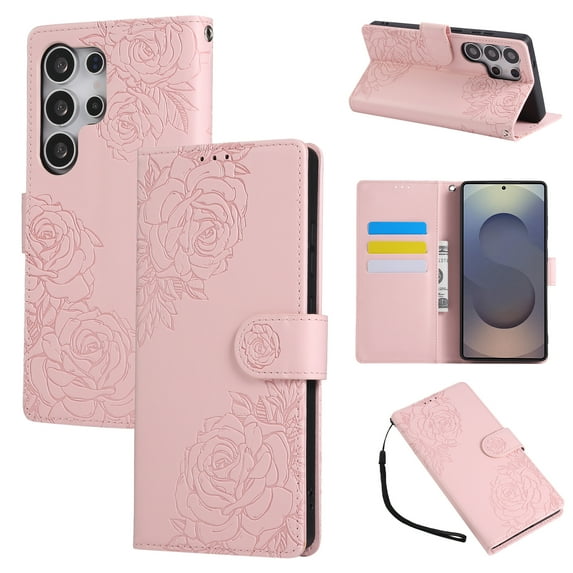 for Samsung Galaxy S25 Ultra Wallet Case with Credit Card Holder, Flower Pattern Flip PU Leather Stand Shockproof Protective Phone Cover for Galaxy S25 Ultra Magnetic Clasp Purse Case, Rosegold