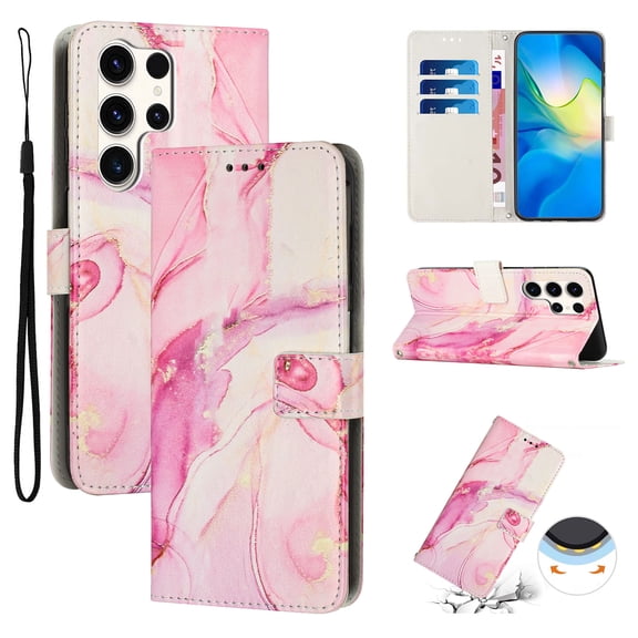 For Samsung Galaxy S25 Ultra Wallet Case with Credit Card Holder [RFID Blocking] Marble Patterned PU Leather RFID Blocking Folio Flip Kickstand Magnetic Clasp Phone Cover for Women Men,Rosegold