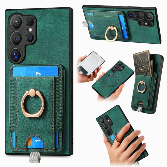 for Samsung Galaxy S25 Ultra Wallet Case with Detachable Card Holder & 360° Rotation Finger Ring Holder Stand, Shockproof PU Leather Phone case with Card Slot for Men Women for S25 Ultra, Green