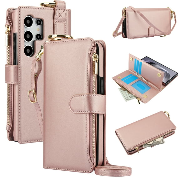 for Samsung Galaxy S25 Ultra Wallet Case, Multi-Functional Zipper Purse Case with Card Holders, RFID Blocking Full Body Case, Shoulder Strap Wristband Crossbody Cover for Galaxy S25 Ultra, Rosegold