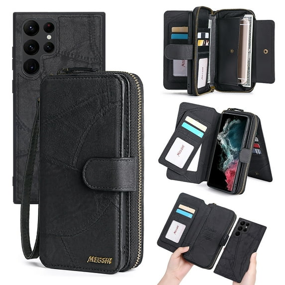 For Samsung Galaxy S25 Ultra Wallet Case with RFID Blocking Credit Card Holder, Detachable Wallet Phone Case Magnetic Closure Flip Kickstand PU Leather Flip Lanyard Strap Wristlet Zipper Purse,Black