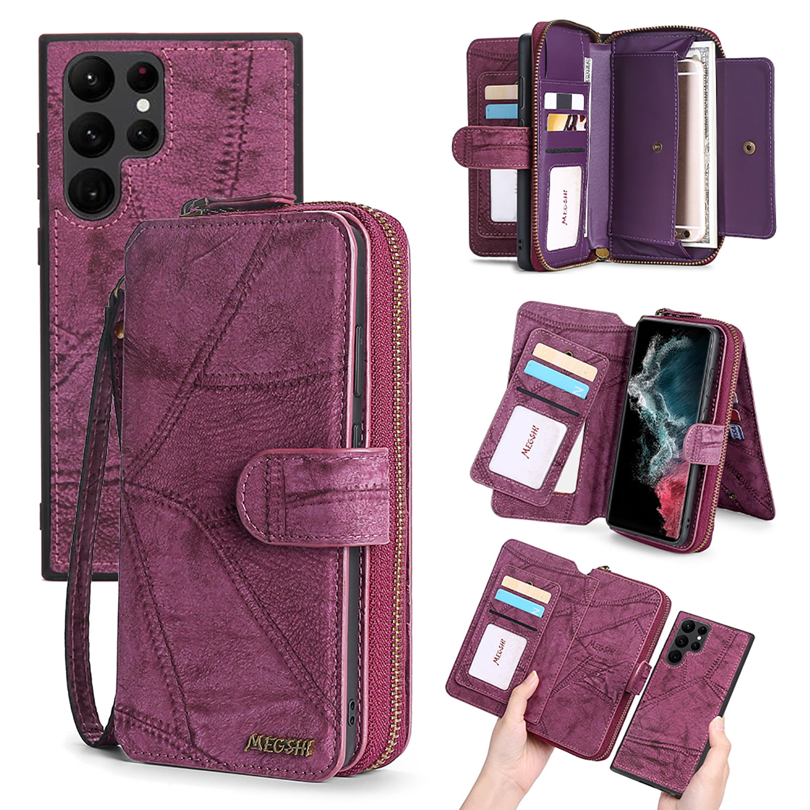 For Samsung Galaxy S25 Ultra Wallet Case with RFID Blocking Credit Card Holder, Detachable Wallet Phone Case Magnetic Closure Flip Kickstand PU Leather Flip Lanyard Strap Wristlet Zipper Purse,Winered