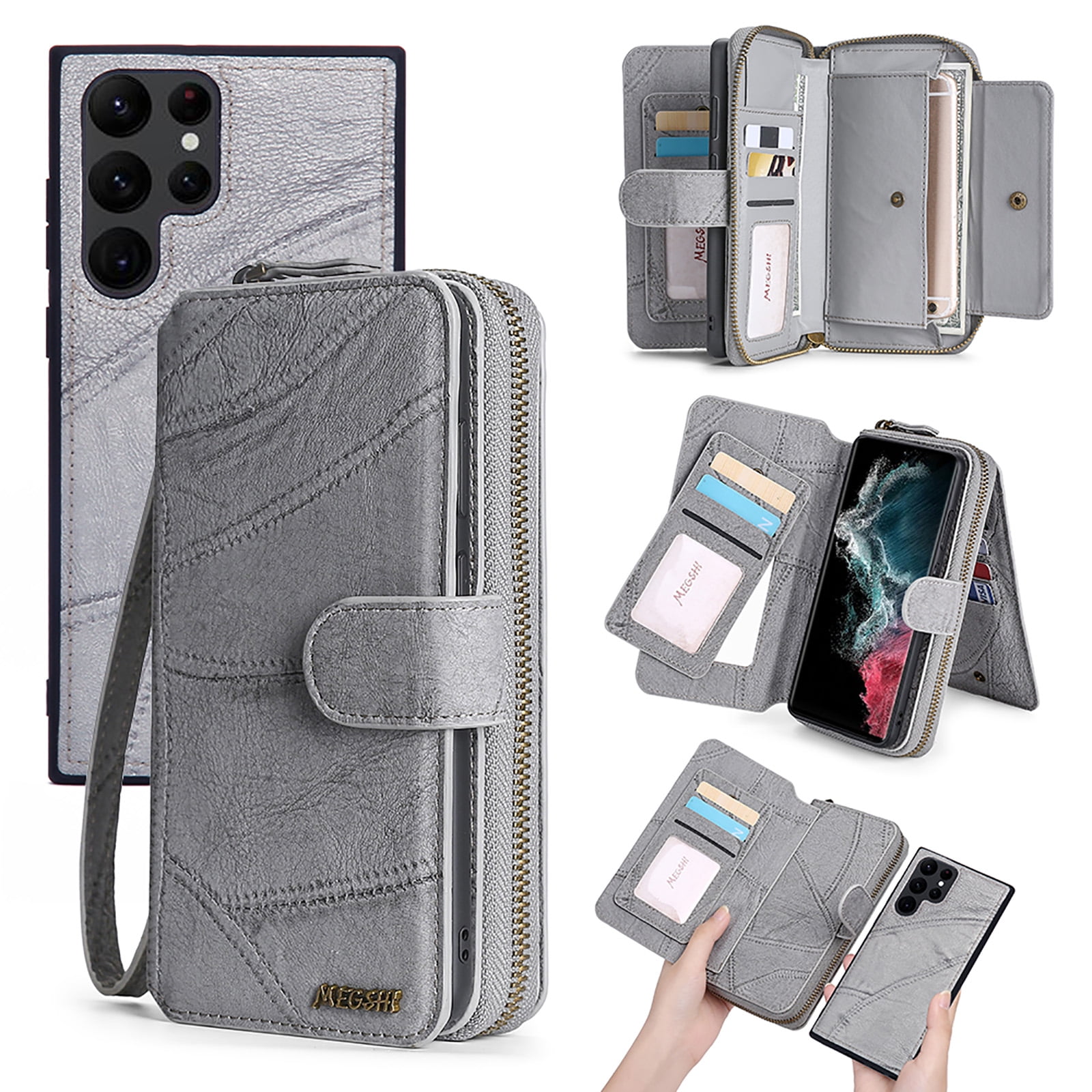 For Samsung Galaxy S25 Ultra Wallet Case with RFID Blocking Credit Card Holder, Detachable Wallet Phone Case Magnetic Closure Flip Kickstand PU Leather Flip Lanyard Strap Wristlet Zipper Purse,Gray