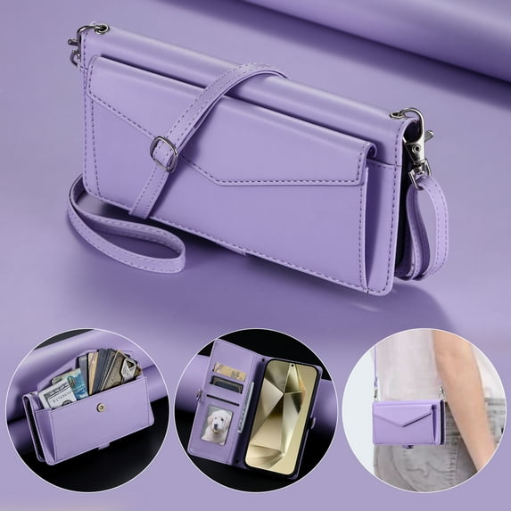 For Samsung Galaxy S25 Ultra Wallet Case, RFID Blocking Crossybody Shoulder Strap Hand Wrist Flip Cover Carsd Holder Snap Closure Protective Phone Case for Samsung Galaxy S25 Ultra, Purple