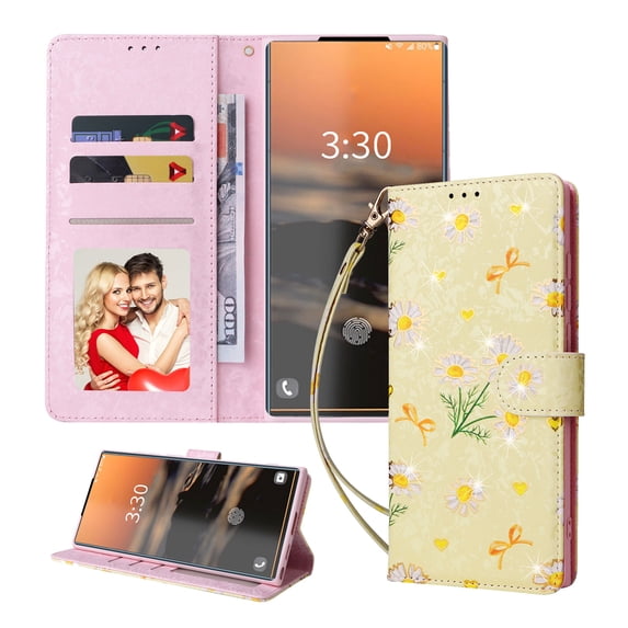 For Samsung Galaxy S25 Ultra Wallet Case, Stylish Flowers Pattern PU Leather Cover with Wrist Strap & Card Slots, Kickstand Magnetic Closure Shockproof Slim Case for Women Girls, Yellow Daisy