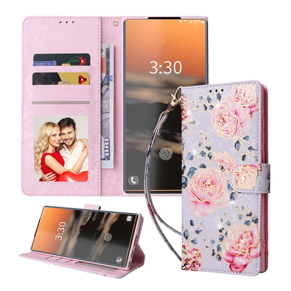 For Samsung Galaxy S25 Ultra Wallet Case, Stylish Flowers Pattern PU Leather Cover with Wrist Strap & Card Slots, Kickstand Magnetic Closure Shockproof Slim Case for Women Girls, Pink Rose