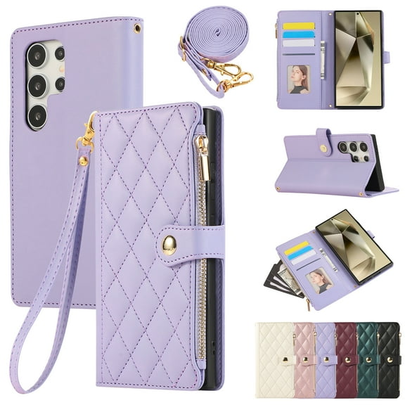 for Samsung Galaxy S25 Ultra Wallet Case with Zipper Pocket Card Holder & Crossbody Lanyard Strap & Wrist Strap, Flip Stand PU Leather Magnetic Folio Purse Case for Samsung Galaxy S25 Ultra, Purple