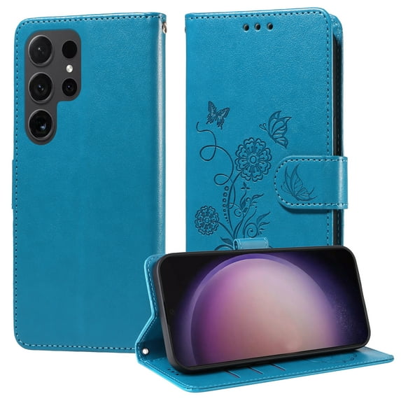for Samsung Galaxy S25 Ultra Wallet Phone Case,Women Flip Folio Cover with Credit Card Holders Emboss Butterfly & Flower PU Leather Purse Kickstand Phone Case With Wrist Strap,Blue