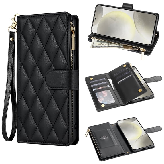 for Samsung Galaxy S25 Ultra Wallet case with Card Holder,Phone case RFID Blocking PU Leather Flip Shockproof Cover with Hand Strap Zipper Credit Card Holder Slots for Women Men,Black