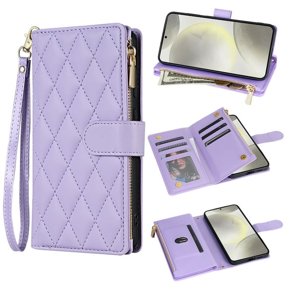 for Samsung Galaxy S25 Ultra Wallet case with Card Holder,Phone case RFID Blocking PU Leather Flip Shockproof Cover with Hand Strap Zipper Credit Card Holder Slots for Women Men,Purple