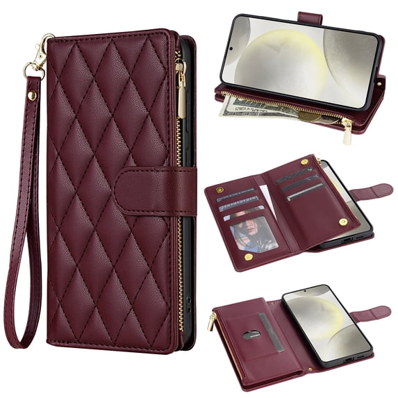 for Samsung Galaxy S25 Ultra Wallet case with Card Holder,Phone case RFID Blocking PU Leather Flip Shockproof Cover with Hand Strap Zipper Credit Card Holder Slots for Women Men,Winered