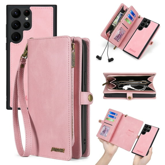 for Samsung Galaxy S25 Ultra Zipper Pocket Case with RFID Blocking Card Holder,Detachable Wallet Magnetic Multifunctional Phone Case Flip Kickstand PU Leather with Wrist Strap for Women/Men,Pink