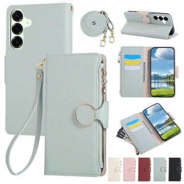 For Samsung Galaxy S25 Wallet Case with Card Holder/Crossbody Strap/Zipper Pouch/Lanyard,[RFID Blocking][Magnetic Closure] Premium PU Leather Shockproof Cover For Samsung Galaxy S25,Cyan