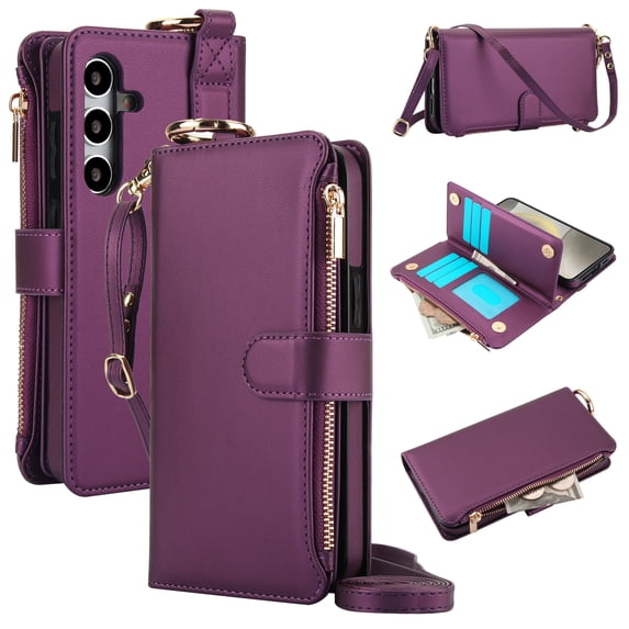 for Samsung Galaxy S25 Wallet Case with Card Holder - PU Leather Case Detachable Crossbody Strap & Wristband & Secure Ring, Shockproof Protective RFID Blocking Zipper Purse Phone Cover, Deeppurple