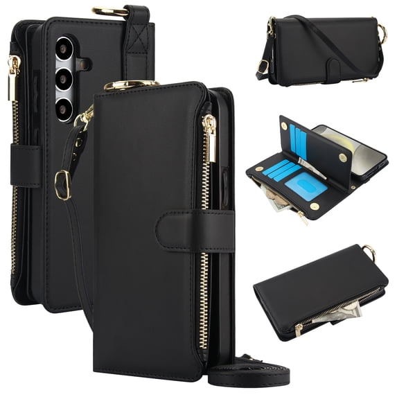 for Samsung Galaxy S25 Wallet Case with Card Holder - PU Leather Case Detachable Crossbody Strap & Wristband & Secure Ring, Shockproof Protective RFID Blocking Zipper Purse Phone Cover, Black