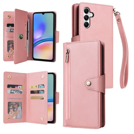 for Samsung Galaxy S25 Wallet Case with Card Slots & Zipper Pocket, PU Leather + TPU Full Body Protective Phone Case with Kickstand Magnetic Clasp Wrist Strap Shockproof Rugged Cover, Rosegold