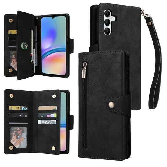 for Samsung Galaxy S25 Wallet Case with Card Slots & Zipper Pocket, PU Leather + TPU Full Body Protective Phone Case with Kickstand Magnetic Clasp Wrist Strap Shockproof Rugged Cover, Black