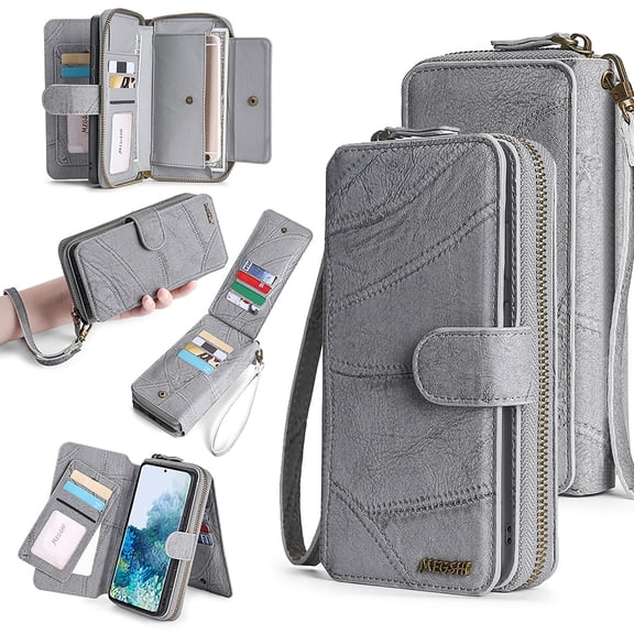 For Samsung Galaxy S25 Wallet Case, Luxury Zipper Purse Case with [14 Card Slots] & ID Window, Detachable Magnetic PU Leather Flip Kickstand Folio Case with RFID Blocking & Wrist Strap,Gray