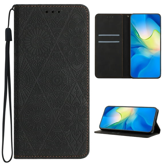 for Samsung Galaxy S25 Wallet Case for Men Women, Business Embossed Flip Folio Kickstand PU Leather Case with Card Holder Wristlet Hand Strap, Stand Protective Cover for S25, Black