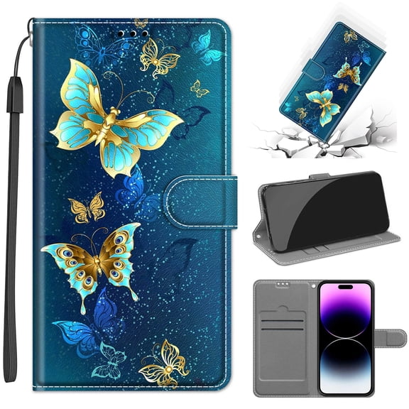 for Samsung Galaxy S25 Wallet Case, PU Leather Flip Folio Case with Card Holder & Wrist Strap Pattern Slim Magnetic Clasp Kickstand Protective Phone Cover for Men Women, Two Green Butterflies