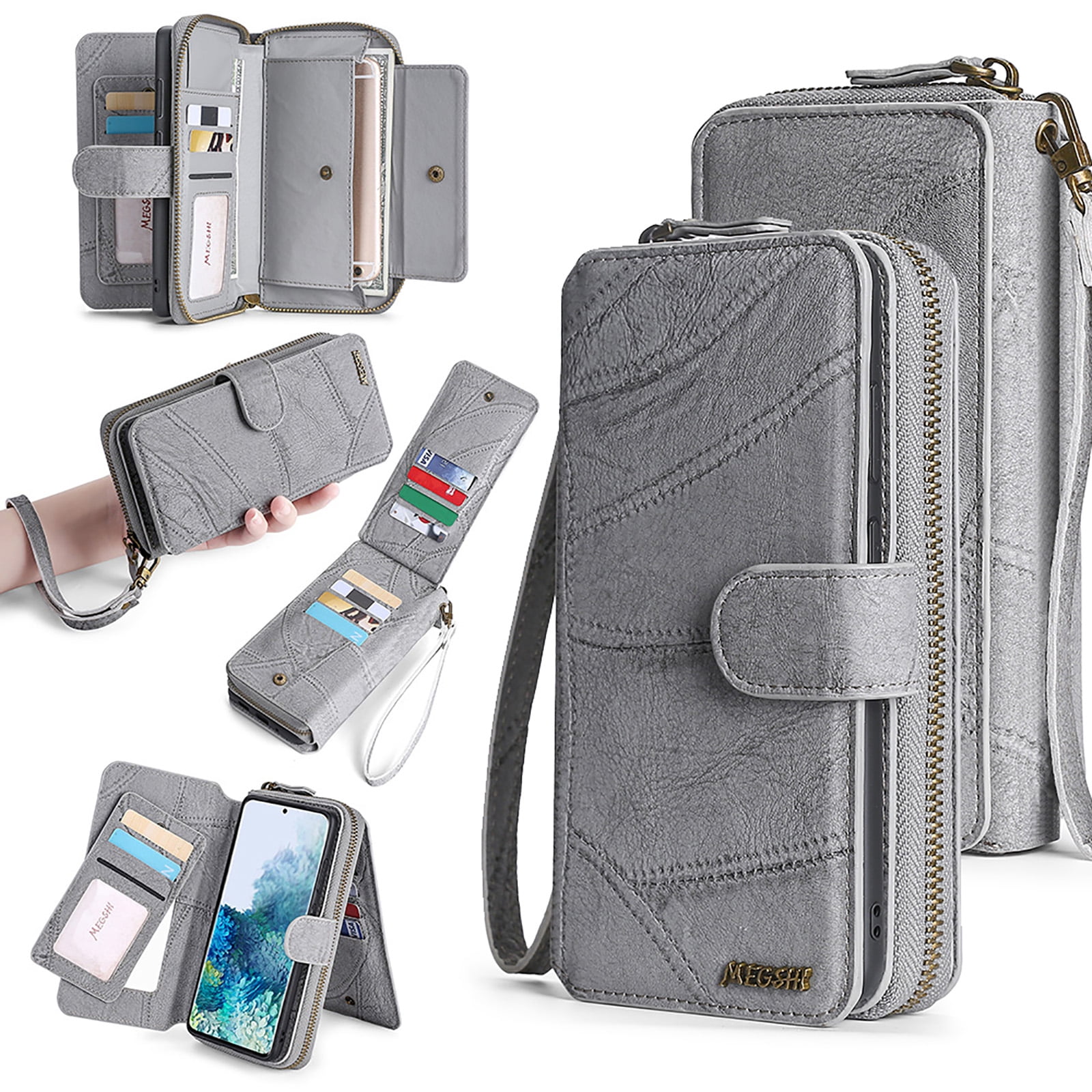 For Samsung Galaxy S25+ Wallet Case with RFID Blocking Credit Card Holder, Detachable Wallet Phone Case Magnetic Closure Flip Kickstand PU Leather Flip Lanyard Strap Wristlet Zipper Purse,Gray