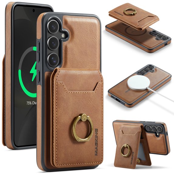 for Samsung Galaxy S25 Wallet Case with Removable Card Holder, 360° Rotation Ring Kickstand RFID Blocking PU Leather Magnetic Clasp Shockproof Rugged Phone Case Cover for Women Men,Brown
