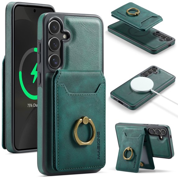 for Samsung Galaxy S25+ Wallet Case with Removable Card Holder, 360° Rotation Ring Kickstand RFID Blocking PU Leather Magnetic Clasp Shockproof Rugged Phone Case Cover for Women Men,Green