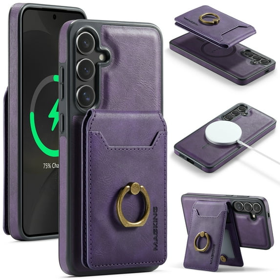for Samsung Galaxy S25+ Wallet Case with Removable Card Holder, 360° Rotation Ring Kickstand RFID Blocking PU Leather Magnetic Clasp Shockproof Rugged Phone Case Cover for Women Men,Purple