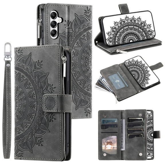 For Samsung Galaxy S25 6.2 inch Wallet Case,PU Leather Embossed Sunflowers Leather Zipper Flip Wallet 8 Card Slots Photo Frame Phone Bag Case, Gray