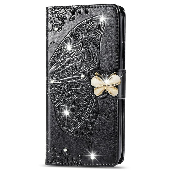 For Samsung Galaxy S25+ Wallet Phone Case,Flip Folding Kickstand,With Wrist Strap,Card Slots,Luxury Diamond Butterfly&Flower Embossing PU Leather Shockproof Anti-fall Phone Case,Black