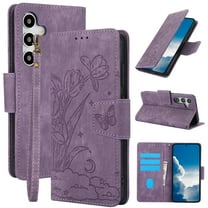 for Samsung Galaxy S25 Wallet case with RFID Blocking Credit Card Holder,Flip PU Leather Emboss Butterfly Flower Shockproof Protective Cover Women Men for Samsung Galaxy S25 Phone case,Purple
