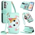 thumbnail image 1 of For Samsung Galaxy S26 5G Case Cat Pattern Buckle Zipper Wallet  5-card  Flip Wallet Leather With Card Holder Magnetic Closure Phone Cases Cover With Shoulder Strap and Wrist Strap,Green, 1 of 12