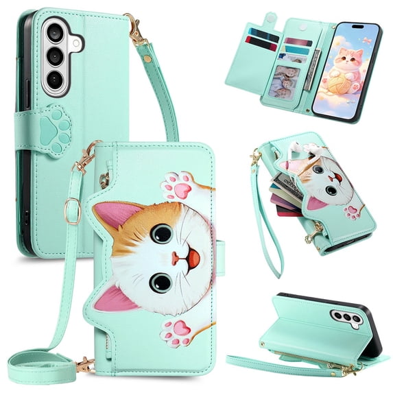 For Samsung Galaxy S26 5G Case Cat Pattern Buckle Zipper Wallet 5-card Flip Wallet Leather With Card Holder Magnetic Closure Phone Cases Cover With Shoulder Strap and Wrist Strap,Green