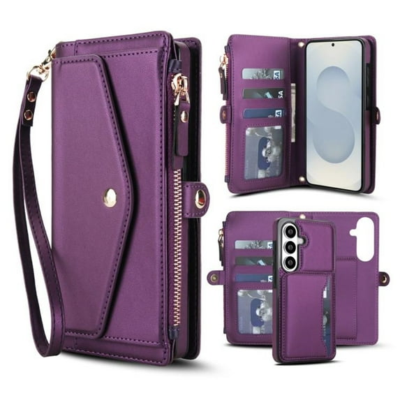 For Samsung Galaxy S26 5G【RFID Blocking】 Multi functional 2-in-1 split Soft PU Leather Wallet Case Magnetic Flip Cover Multi-Card Slots Zipper Pocket With Detachable Shoulder Strap And Wrist Strap