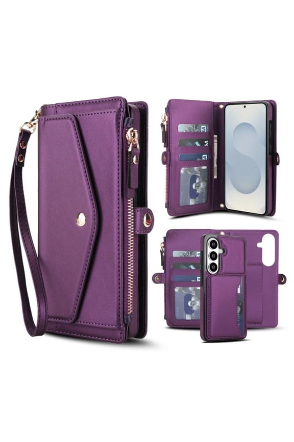 For Samsung Galaxy S26 5G【RFID Blocking】 Multi functional 2-in-1 split Soft PU Leather Wallet Case Magnetic Flip Cover Multi-Card Slots Zipper Pocket With Detachable Shoulder Strap And Wrist Strap