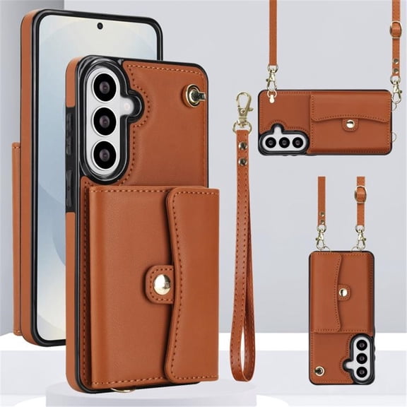 For Samsung Galaxy S26+ 5G RFID Blocking Protective Purse Wallet Case Magnetic Organ Style Flip Cover Multi-Card Slots Pocket With Detachable Shoulder Strap And Wrist Strap,Brown,For Galaxy S26+ (5G)
