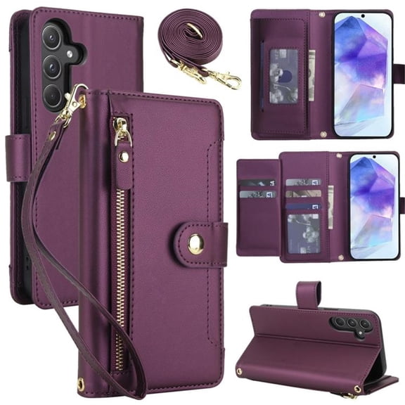 For Samsung Galaxy S26 5G RFID Blocking Protective Purse Wallet Case For Women Men Multi-Card Slots Zipper Pocket Detachable Shoulder Strap And Wrist Strap,Shockproof Phone Case,Dark purple