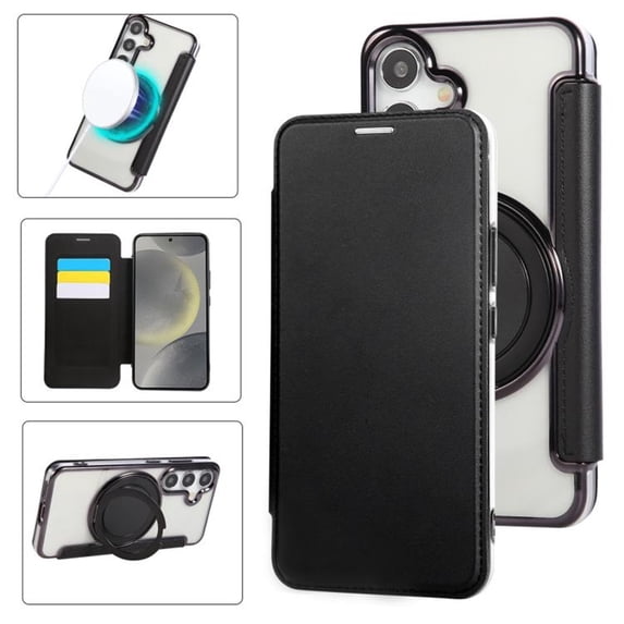For Samsung Galaxy S26+ 5G Wallet Cell Cover, RFID Blocking, PU Leather,Compatible With MagSafe , With Flip Card Holder, Ultra Thin Electroplated Rotating Bracket Magneti Protective Cover,Black