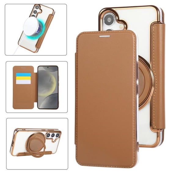 For Samsung Galaxy S26+ 5G Wallet Cell Cover, RFID Blocking, PU Leather,Compatible With MagSafe , With Flip Card Holder, Ultra Thin Electroplated Rotating Bracket Magneti Protective Cover,Brown