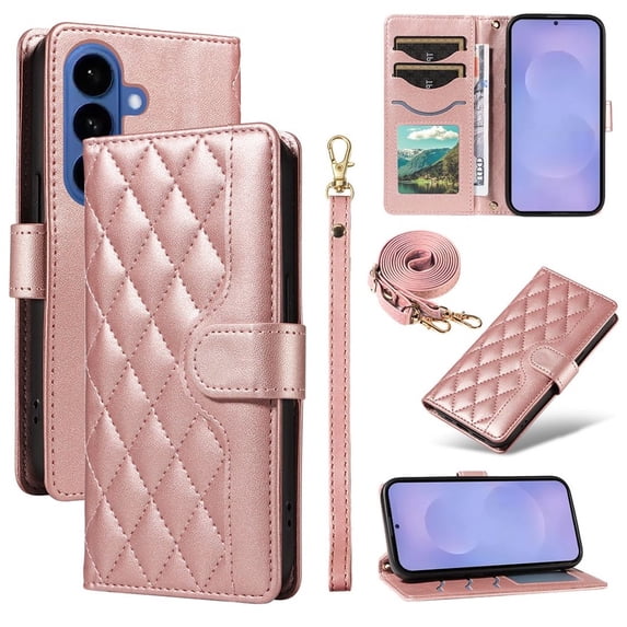 For Samsung Galaxy S26 5G Wallet Grid Texture Magnetic Flip Cover Card Holder & Bills Slot, Soft PU Leather Magnetic For Women Wallet Case With Detachable Shoulder Strap And Wrist Strap,Rose gold
