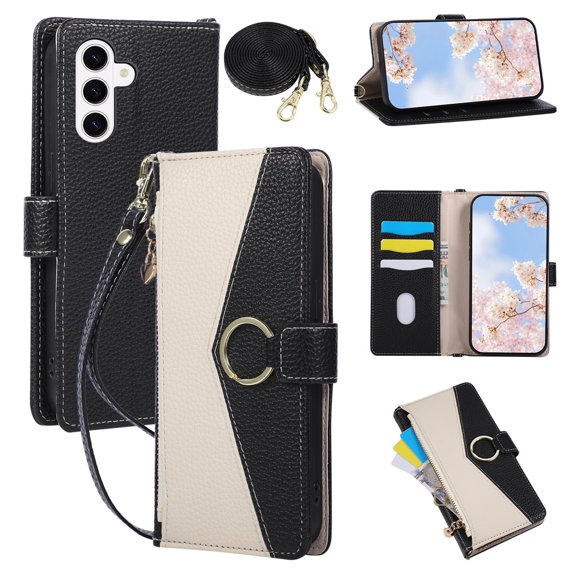 For Samsung Galaxy S26 5G Wallet Phone Case, Crossbody Leather Flip Cover with Card Slots Zipper Pocket, Circular Buckle, Detachable Wrist & Shoulder Strap hockproof Full Body Protective Cover,Black