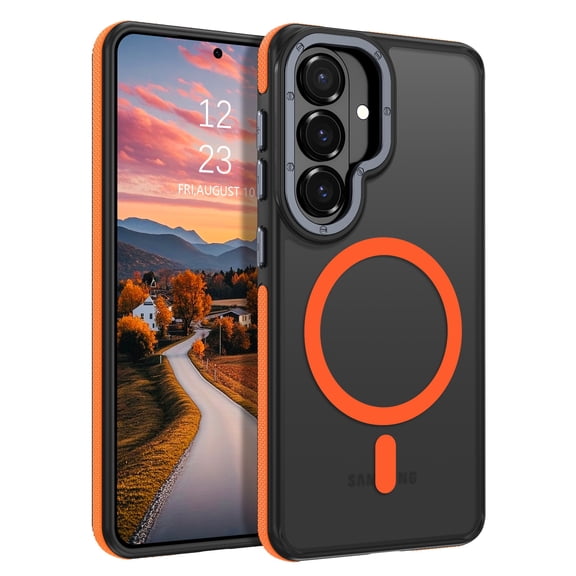 Samsung Galaxy S26 Case 6.3 Inch - DOMAVER Magnetic Case Compatible with Mag-Safe | Translucent Matte Finish | Shockproof & Anti-Scratch Protection | for Samsung S26 Case - Black/Orange